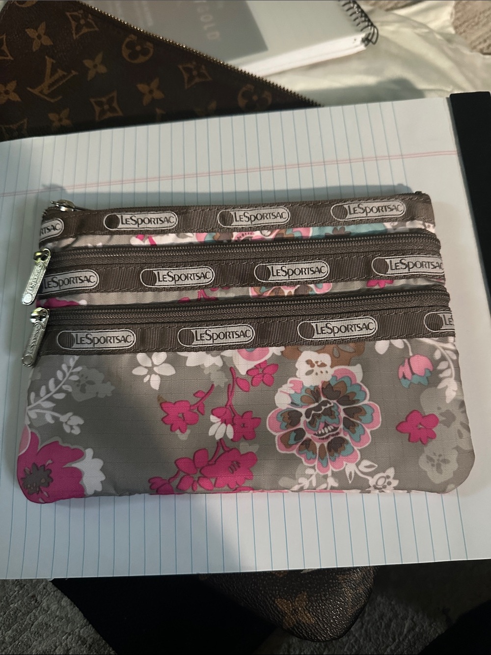 LeSportsac Taupe Floral Triple-Zip Cosmetic Pouch with Pink Accents